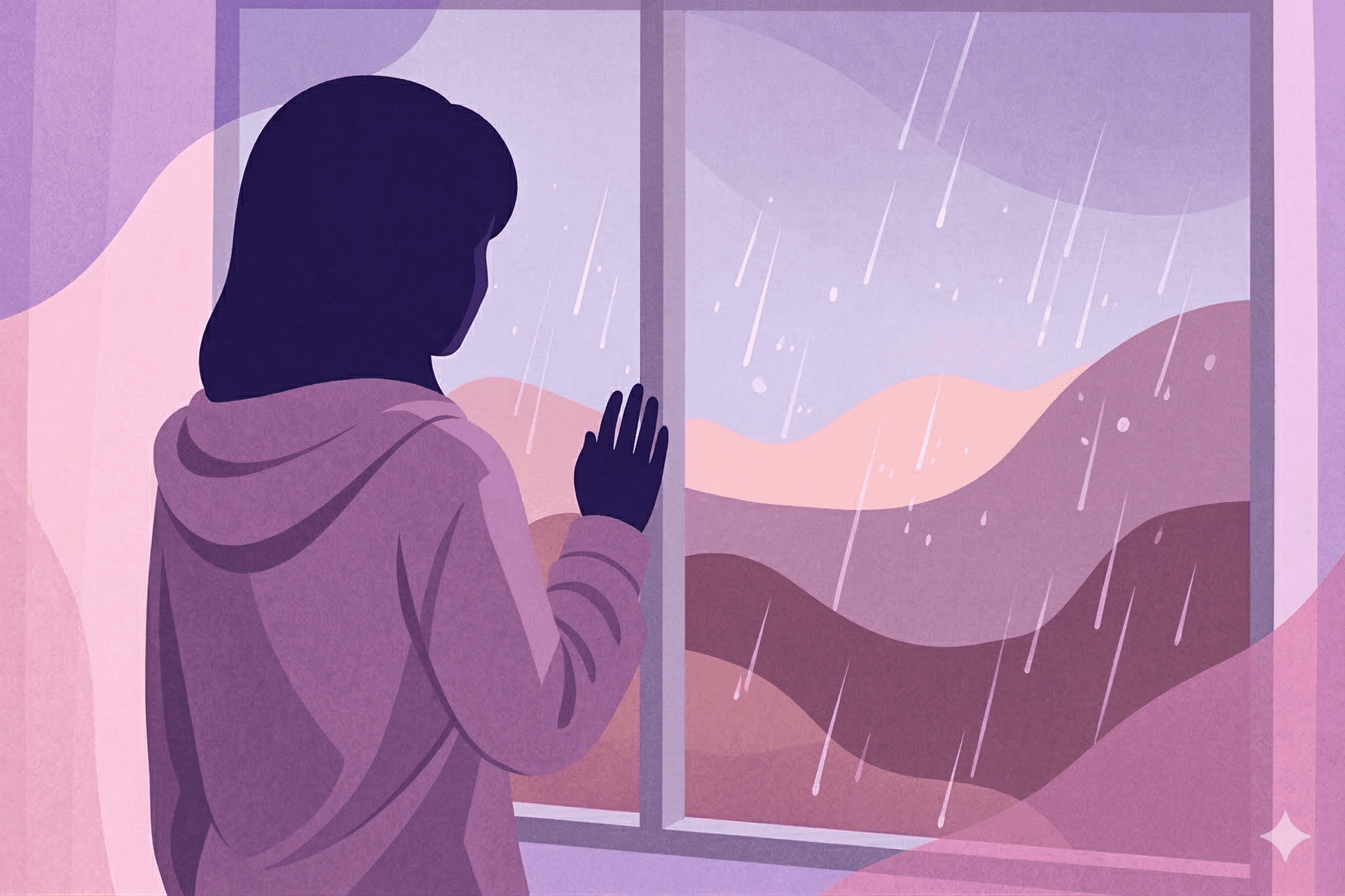 Person die am fenster steht und in den Regen staart