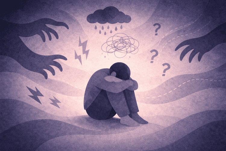 Person die am Boden sitzt über ihr eine Regenwolke um sie herum viele Fragen