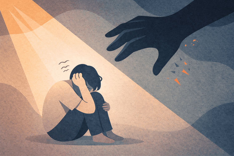 Person sitzt am Boden und ein Schatten greift nach ihr