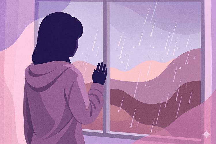 Person die am fenster steht und in den Regen staart